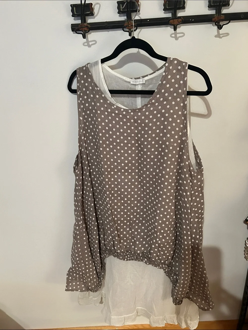 Polka Dot Sleeveless Overlay Tank Top in Taupe and White - Picture 1 of 8